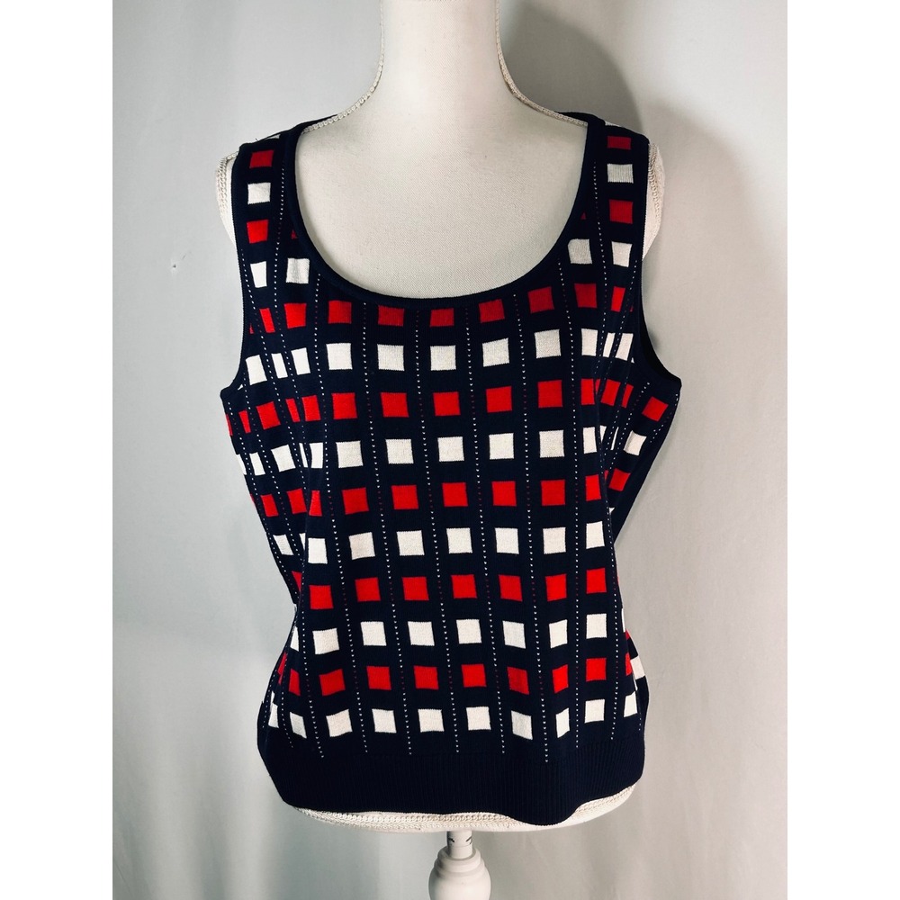 St. John Sport Womens Large Navy Red White Knit Tank Top Geometric Square Print